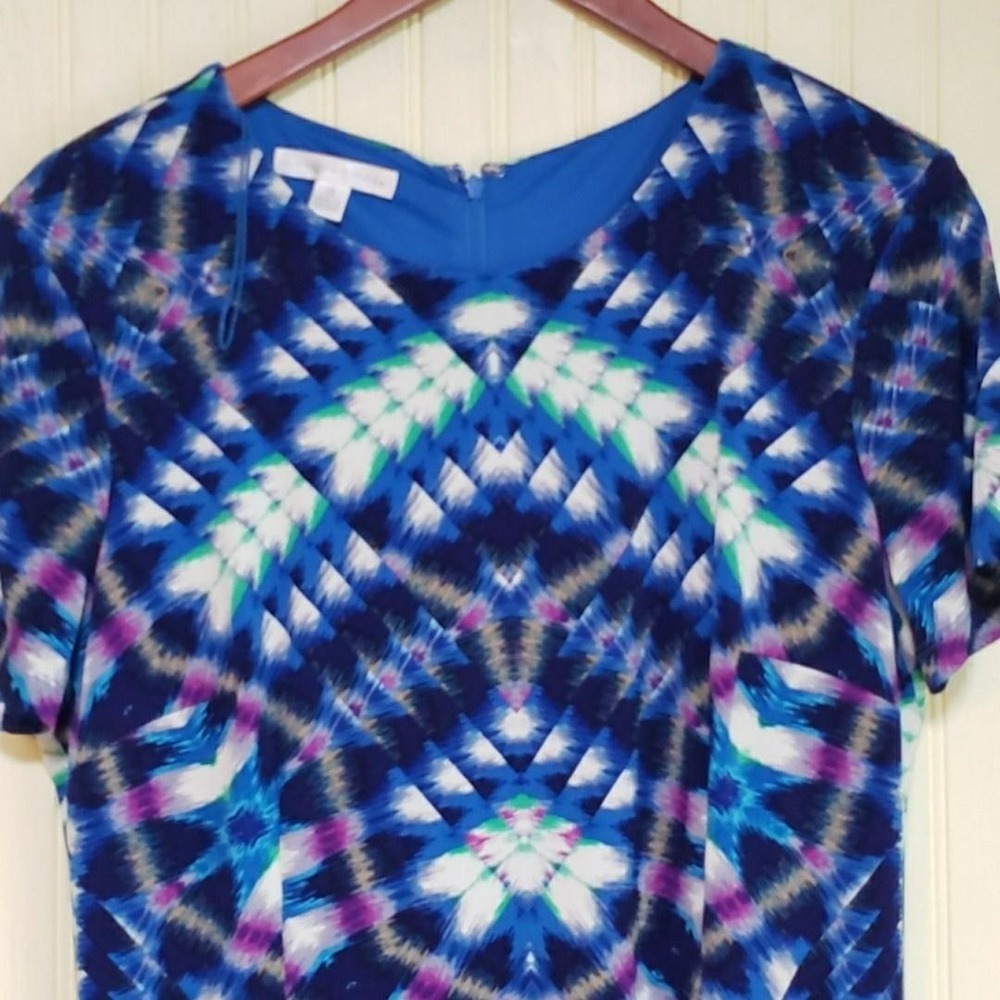 London Times Dress Womens 14 Blue Tie Dye Short Sleeve Scoop‎ Neck Sheath Knee
